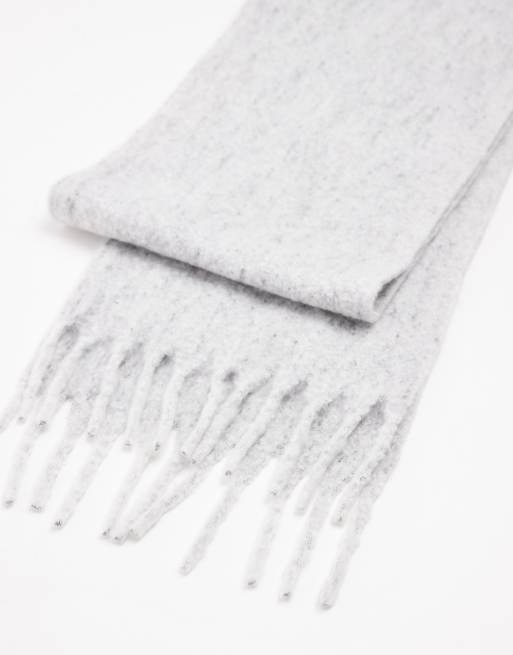 ASOS DESIGN fluffy tassel scarf in light grey marl