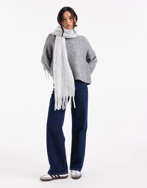 ASOS DESIGN fluffy tassel scarf in light grey marl, 3 of 3