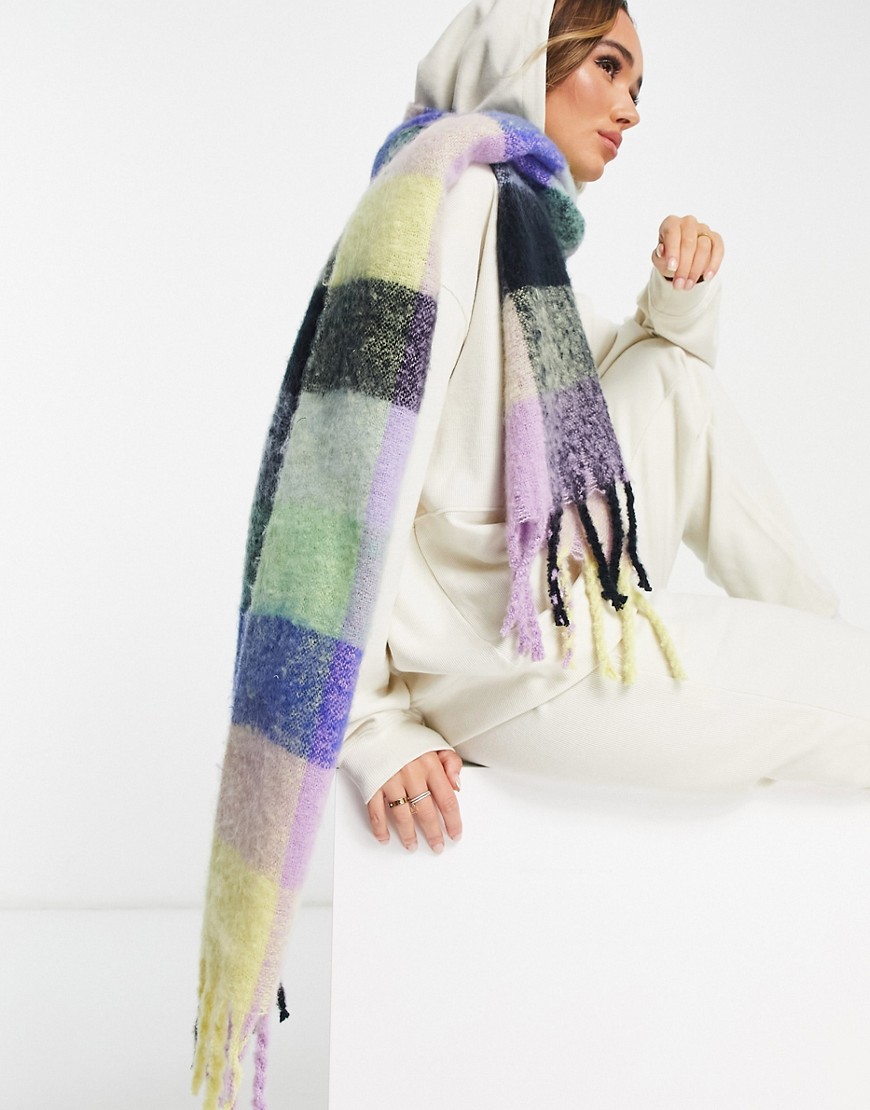 ASOS DESIGN fluffy tassel scarf in pastel and bright check-Multi