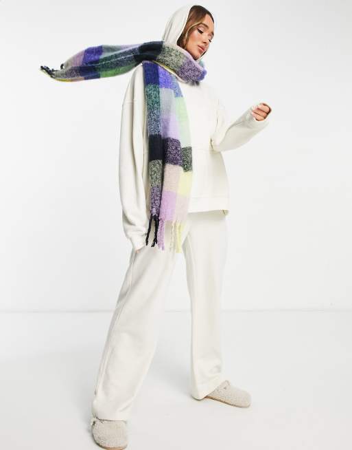 ASOS DESIGN fluffy tassel scarf in pastel and bright check , 2 of 4
