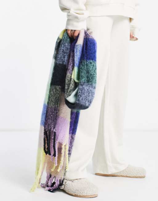 ASOS DESIGN fluffy tassel scarf in pastel and bright check , 4 of 4