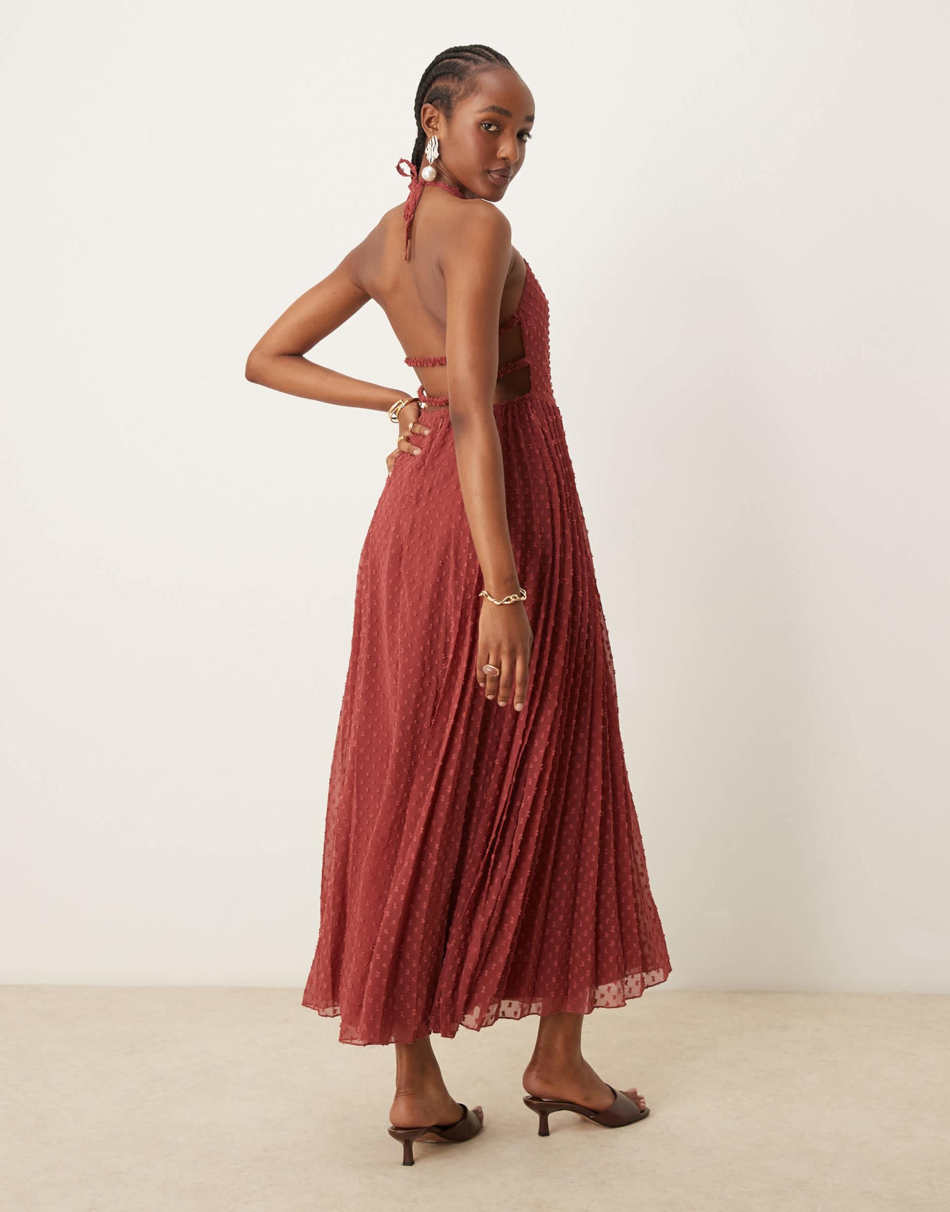 asos design fluffy textured racer neck pleat panel midi dress in burgundy