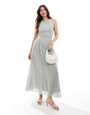 asos design fluffy textured racer neck pleat panel midi dress in dusky gray