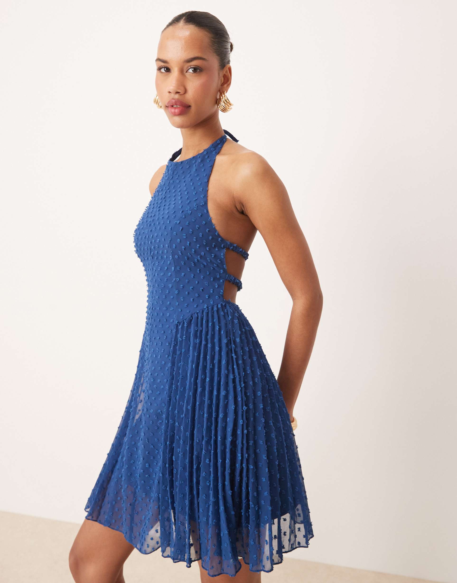 asos design fluffy textured racer neck pleat panel mini dress in dark blue
