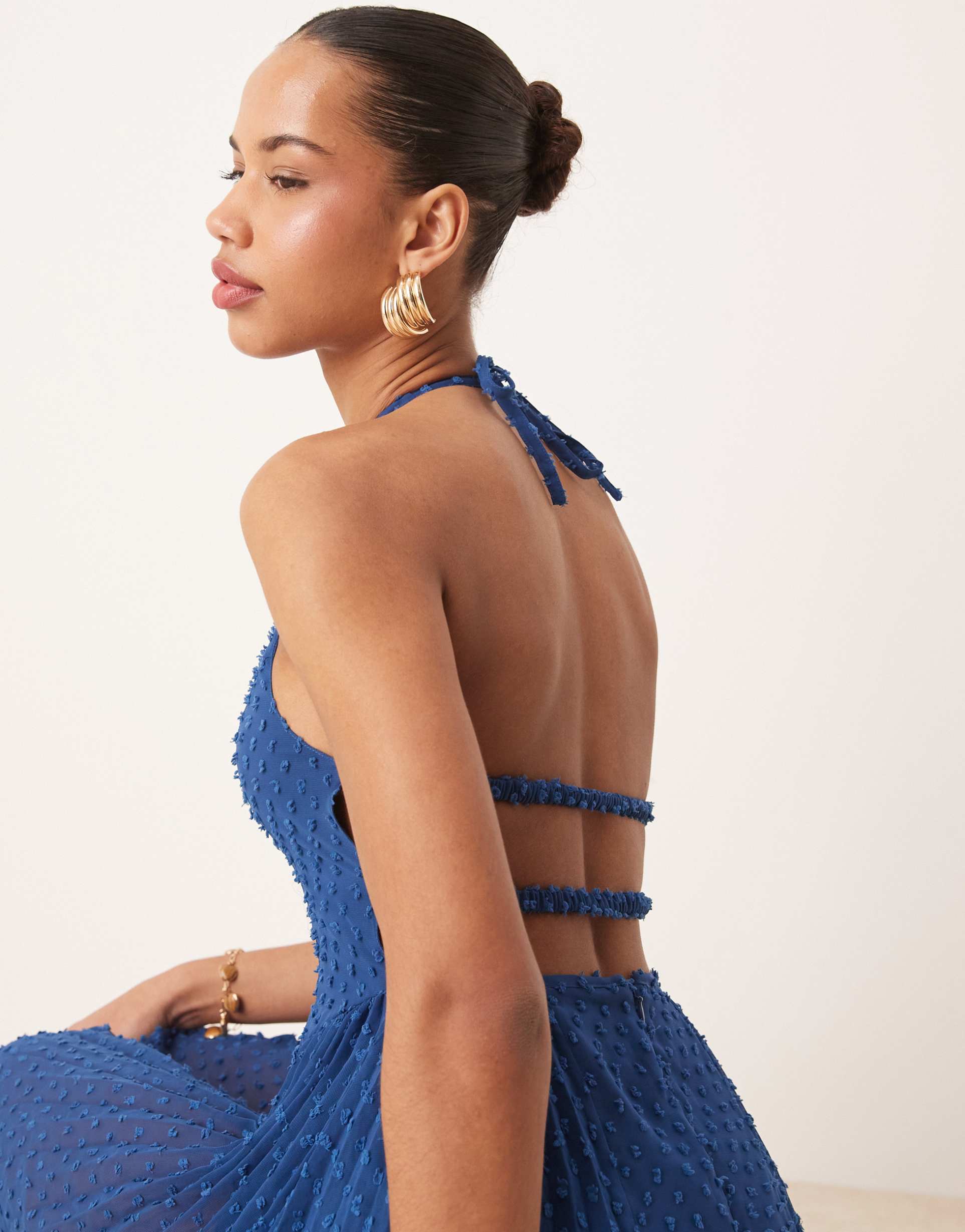 asos design fluffy textured racer neck pleat panel mini dress in dark blue