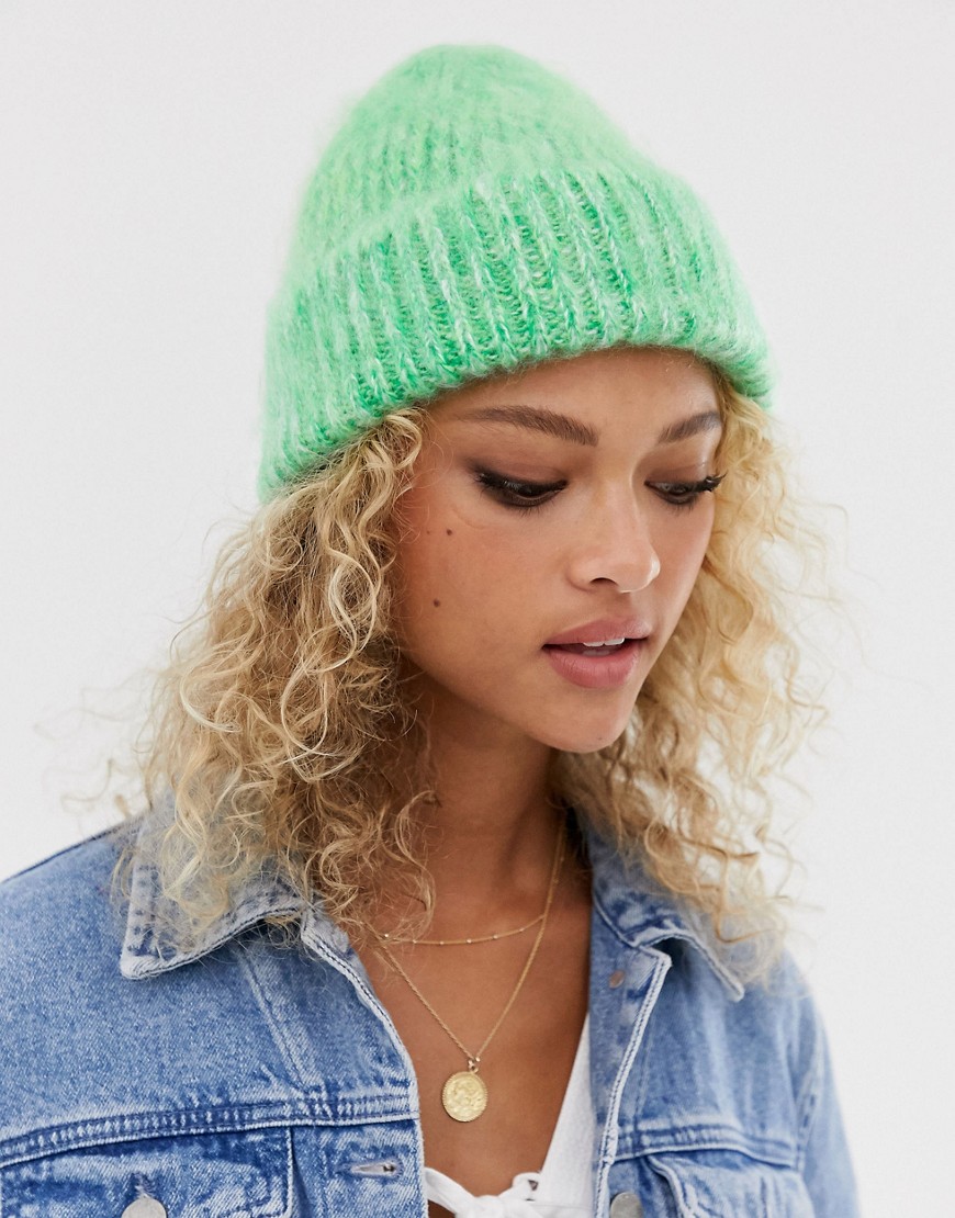 Asos Design Fluffy Two Tone Beanie Hat In Green