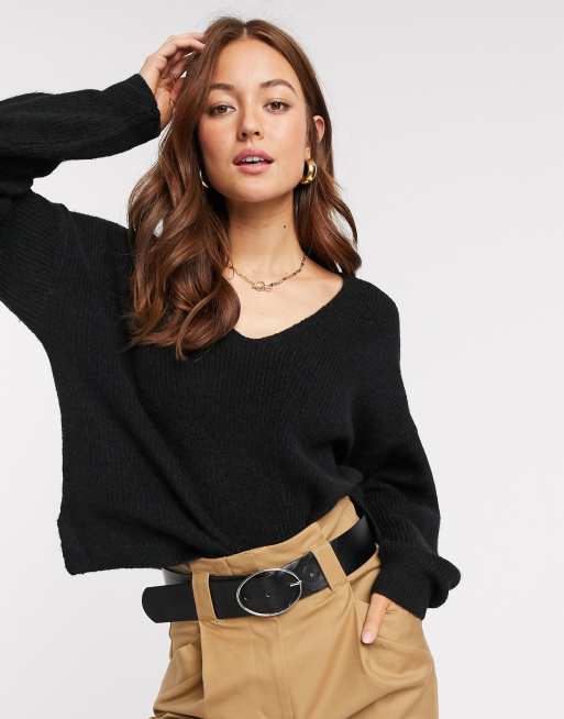 ASOS DESIGN fluffy v neck ribbed jumper with balloon sleeve in - BLACK