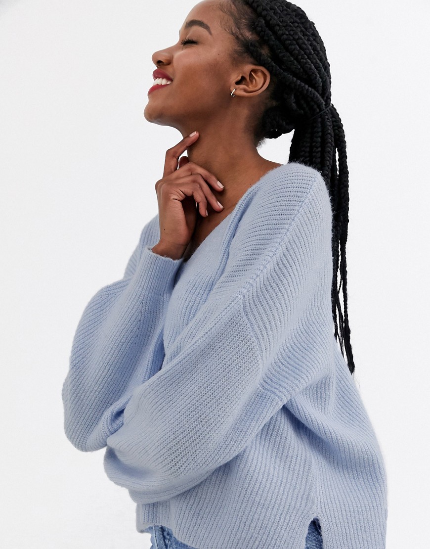 ASOS DESIGN fluffy v neck ribbed jumper with balloon sleeve in recycled blend-Blue