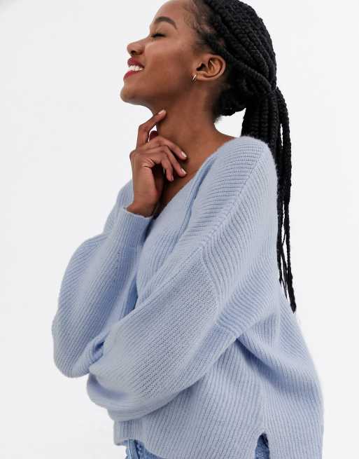 ASOS DESIGN fluffy v neck ribbed sweater with balloon sleeve in recycled blend
