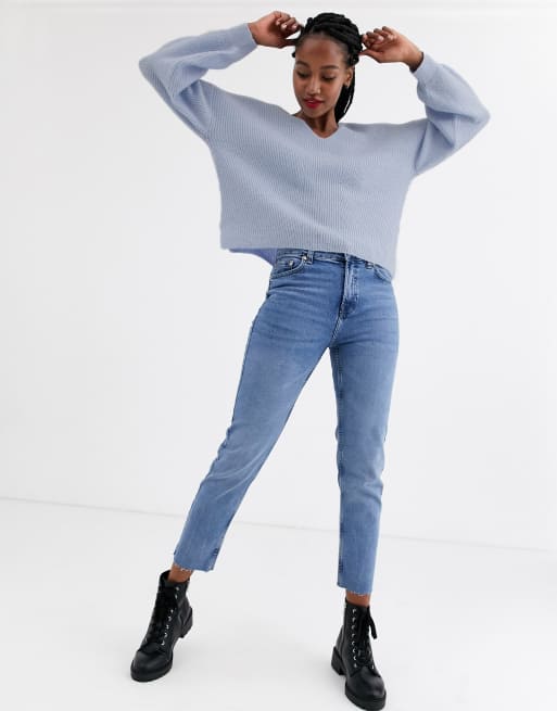 ASOS DESIGN fluffy v neck ribbed sweater with balloon sleeve in recycled blend ASOS