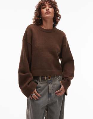 Asos Design Fluffy Wide Sleeve Knit Sweater In Brown