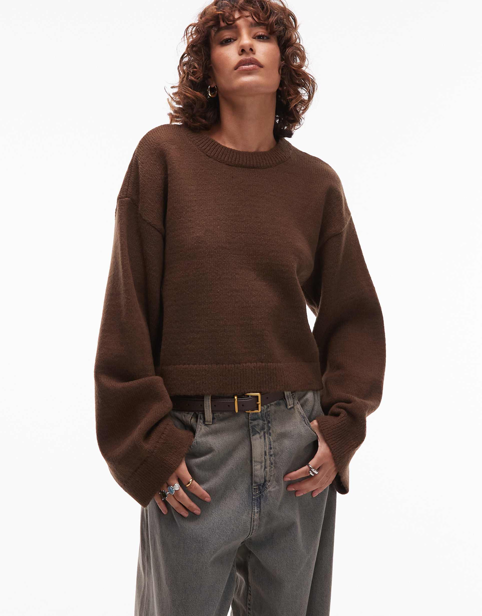 asos design fluffy wide sleeve knit sweater in brown