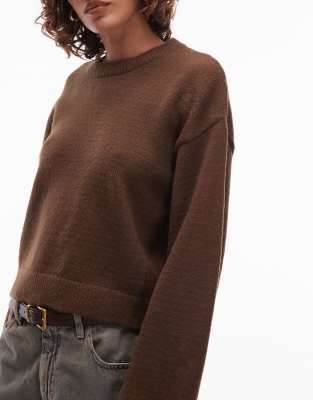 Asos Design Fluffy Wide Sleeve Knit Sweater In Brown