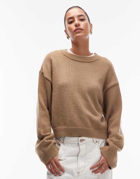 ASOS DESIGN fluffy wide sleeve knit sweater in brown - view 1