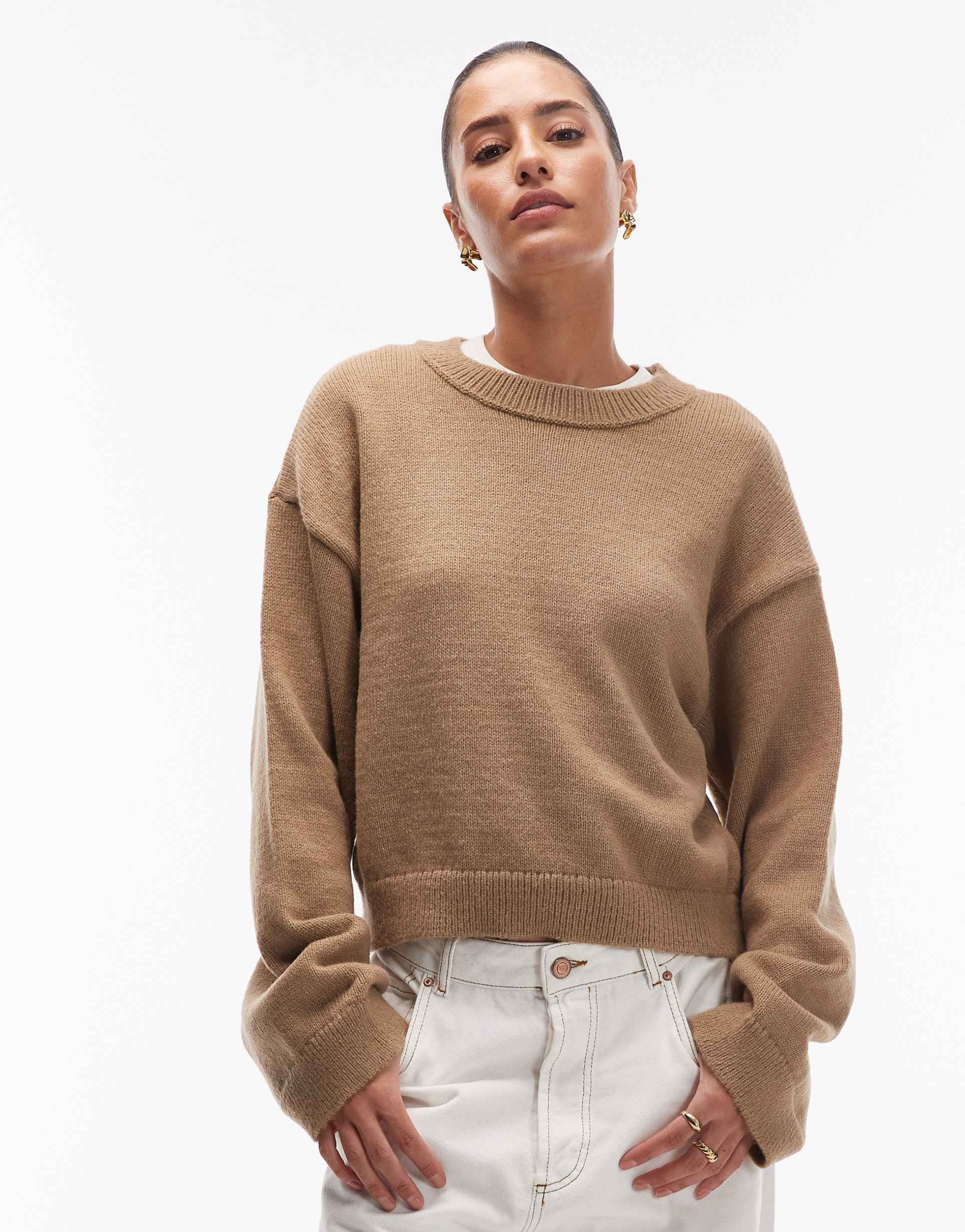 asos design fluffy wide sleeve knit sweater in brown