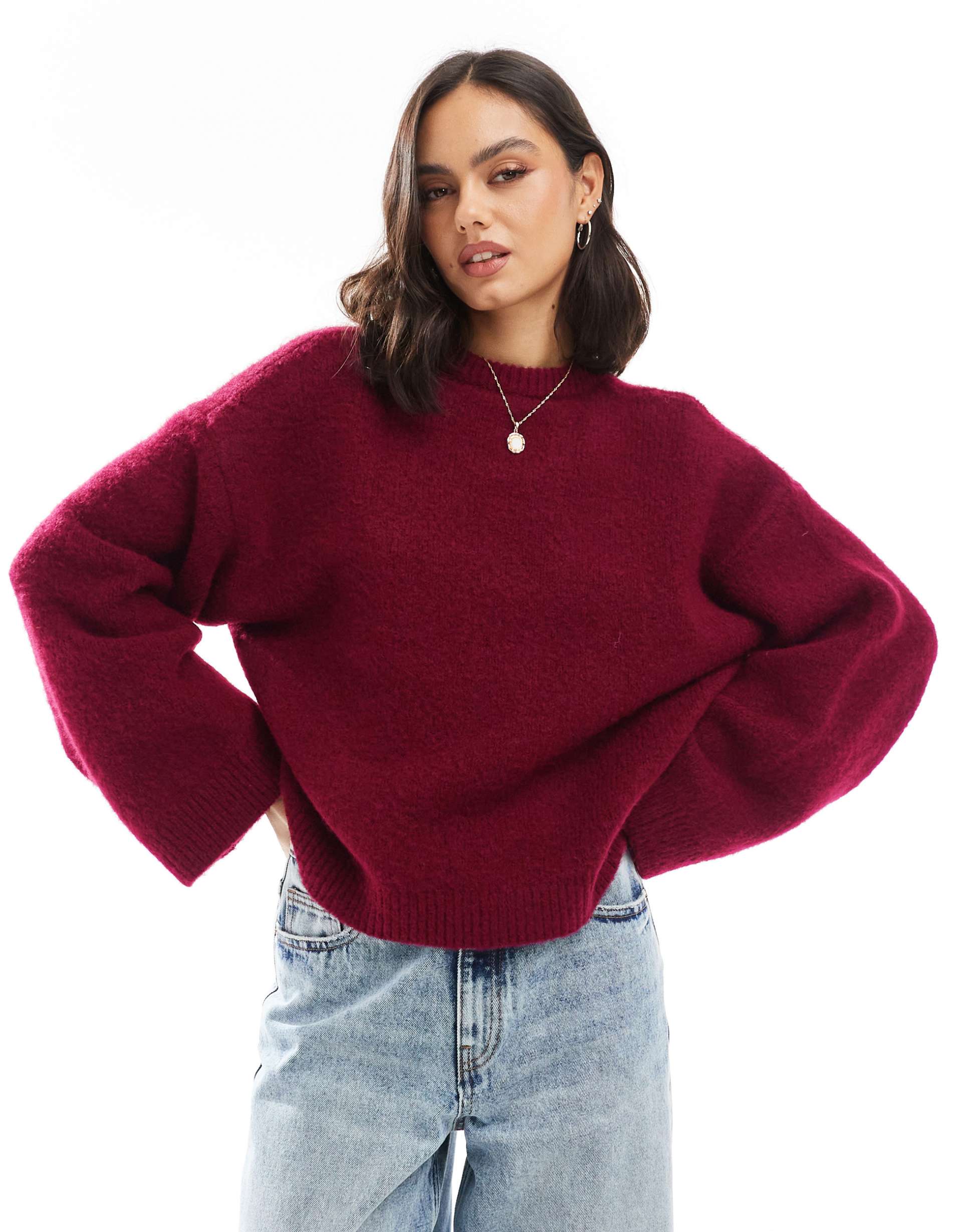 asos design fluffy wide sleeve knit sweater in burgundy