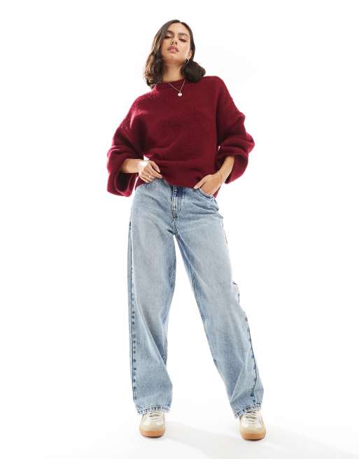 ASOS DESIGN fluffy wide sleeve knit sweater in burgundy, 4 of 4