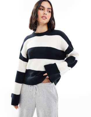 Asos Design Fluffy Wide Sleeve Knit Sweater In Navy Stripe-multi