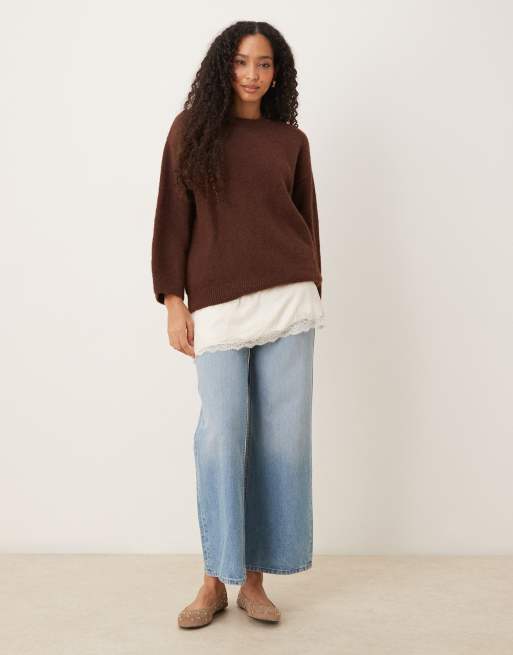 ASOS DESIGN fluffy wide sleeve knit sweater with wool in brown, 2 of 4