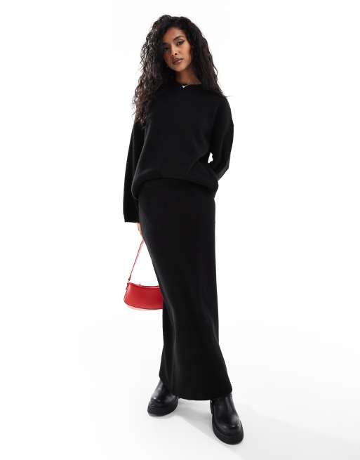 ASOS DESIGN fluffy wide sleeve knitted jumper and maxi skirt co ord in black