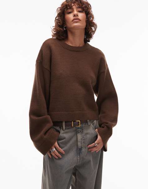ASOS DESIGN fluffy wide sleeve knitted jumper in brown - view 1