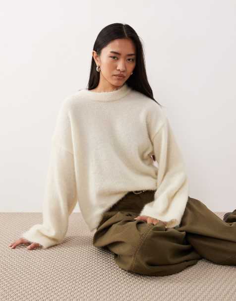 ASOS DESIGN fluffy wide sleeve knitted jumper in ecru - view 1