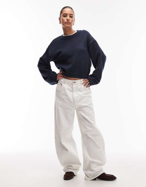 ASOS DESIGN fluffy wide sleeve knitted jumper in navy, 2 of 4