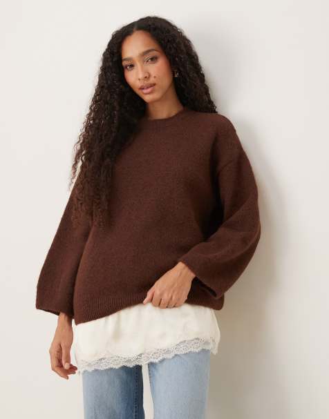ASOS DESIGN fluffy wide sleeve knitted jumper with wool in brown - view 1