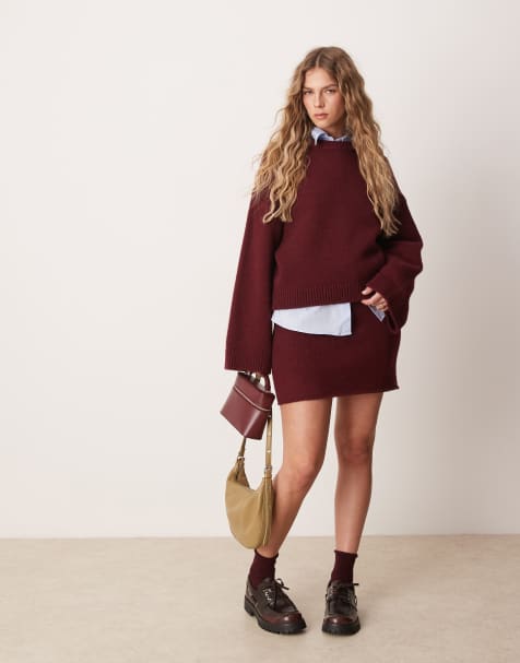ASOS DESIGN fluffy wide sleeve oversized jumper & mini skirt co-ord in burgundy - view 1