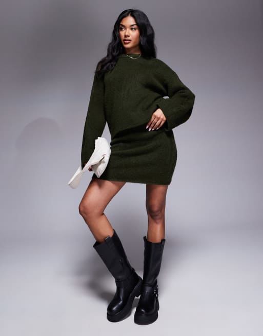 ASOS DESIGN fluffy wide sleeve oversized sweater & mini skirt set in khaki