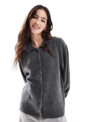 fluffy wool blend knit collar cardigan in charcoal-Gray