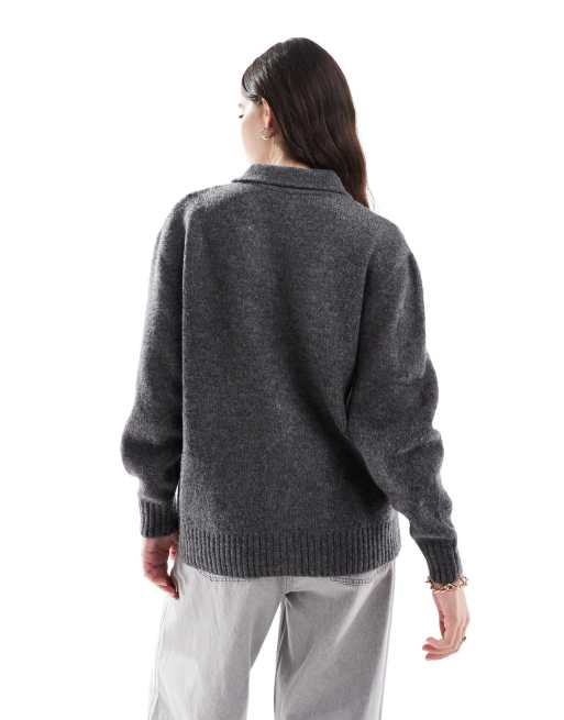 ASOS DESIGN fluffy wool blend knitted collar cardigan in charcoal, 2 of 4