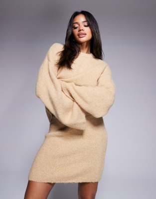 fluffy wool blend wide sleeve oversized sweater in honey beige - part of a set-Neutral