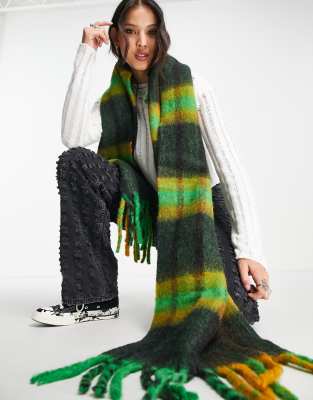 ASOS DESIGN fluffy wool mix tassel scarf in mustard & green check