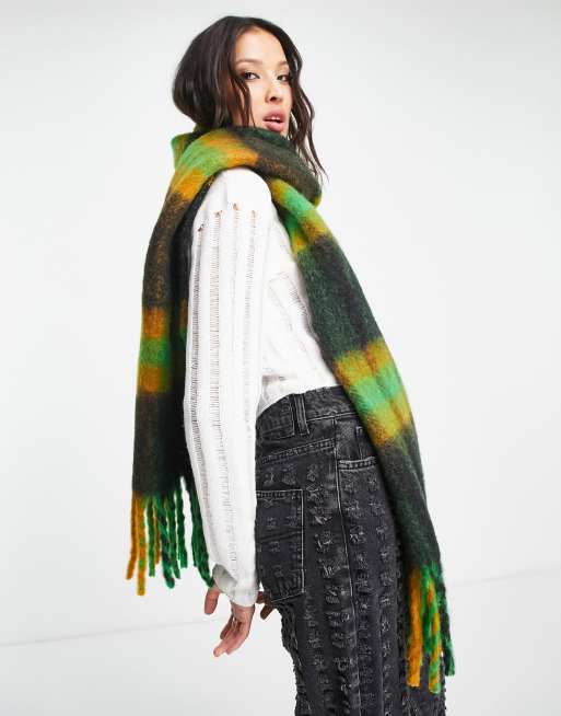 ASOS DESIGN fluffy wool mix tassel scarf in mustard & green check , 2 of 4