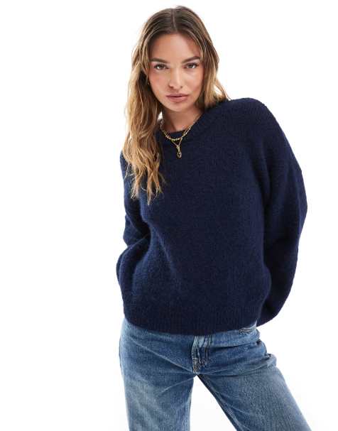 ASOS DESIGN fluffy wool mix wide sleeve oversized jumper in navy - view 1