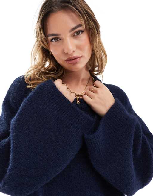 ASOS DESIGN fluffy wool mix wide sleeve oversized jumper in navy, 2 of 4