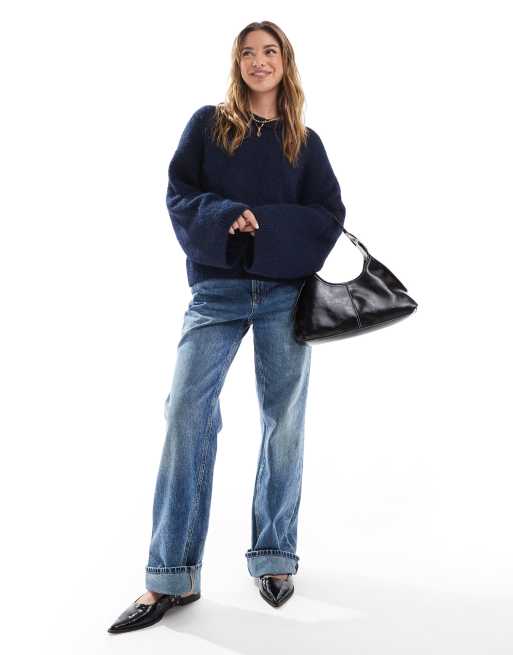 ASOS DESIGN fluffy wool mix wide sleeve oversized jumper in navy, 3 of 4