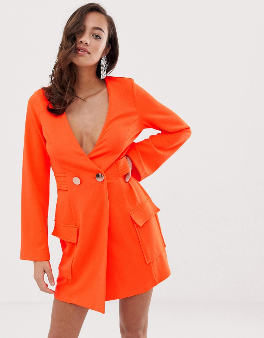ASOS DESIGN Fluoro tux dress with button detail-Orange