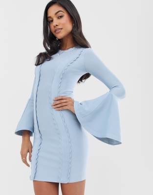 ASOS DESIGN Flute sleeve bandage scallop detail bodycon mini dress-Blue