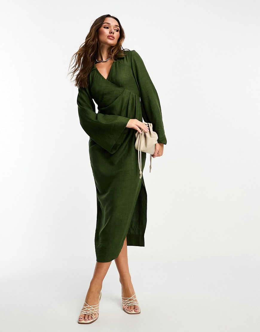 ASOS DESIGN flute sleeve collared wrap midi dress with gathers in dark green