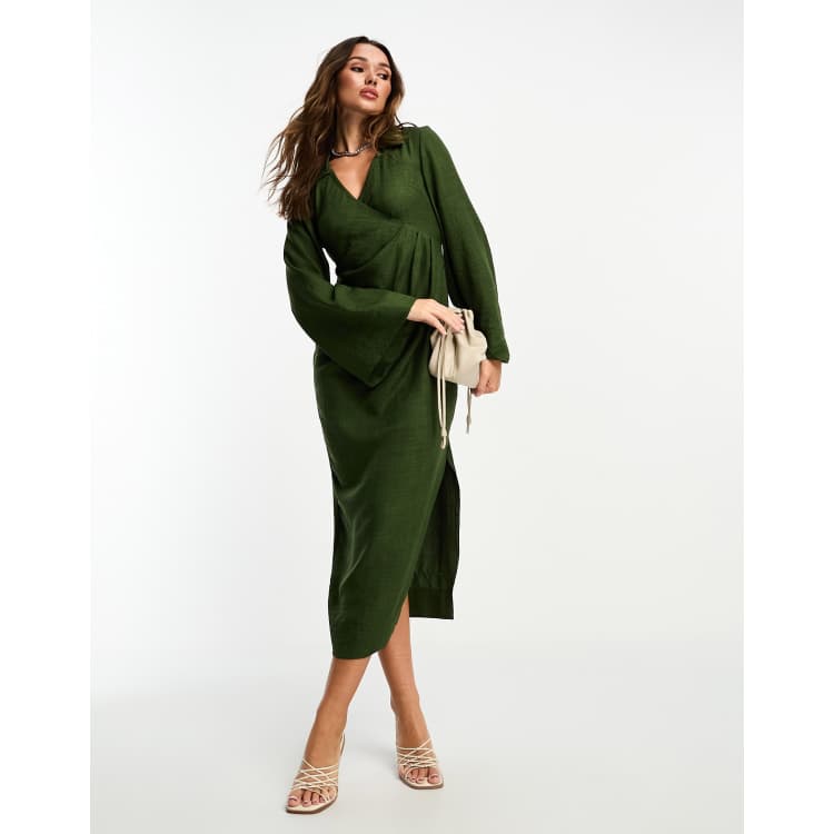 ASOS DESIGN flute sleeve collared wrap midi dress with gathers in dark green