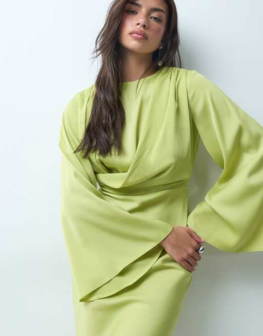ASOS DESIGN flute sleeve draped maxi dress in green, 2 of 5