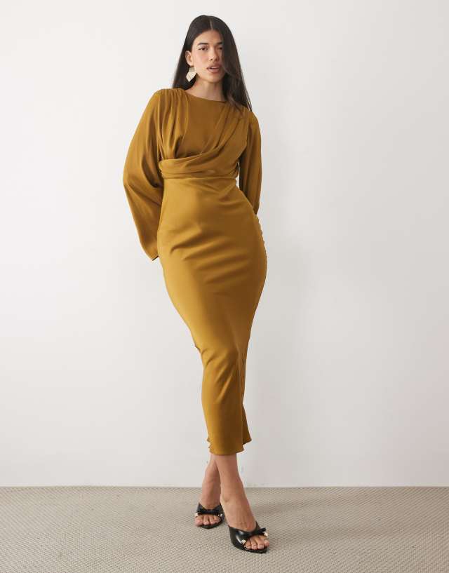 ASOS DESIGN flute sleeve draped maxi dress in mustard yellow