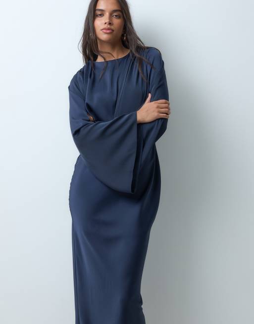 ASOS DESIGN flute sleeve draped maxi dress in navy, 3 of 5