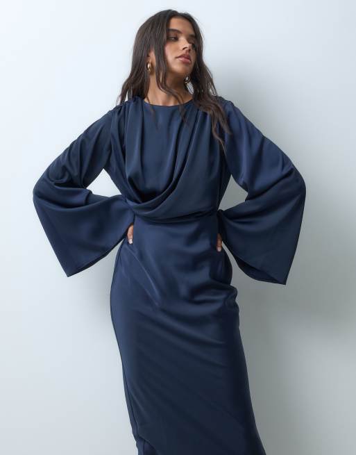 ASOS DESIGN flute sleeve draped maxi dress in navy, 4 of 5