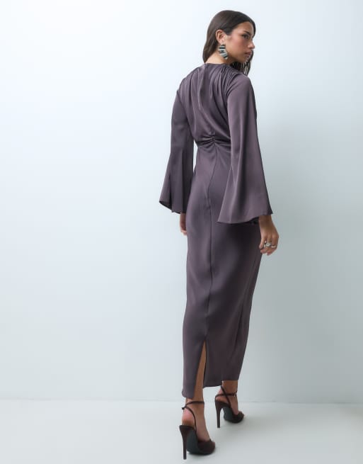ASOS DESIGN flute sleeve draped maxi dress in raisin brown, 4 of 5