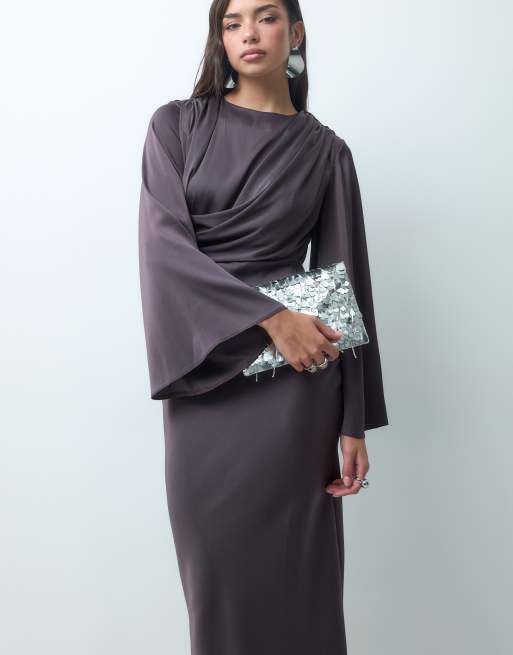 ASOS DESIGN flute sleeve draped maxi dress in raisin brown, 5 of 5