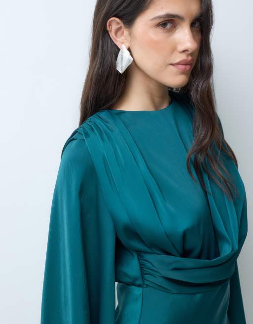 ASOS DESIGN flute sleeve draped maxi dress in teal, 3 of 5