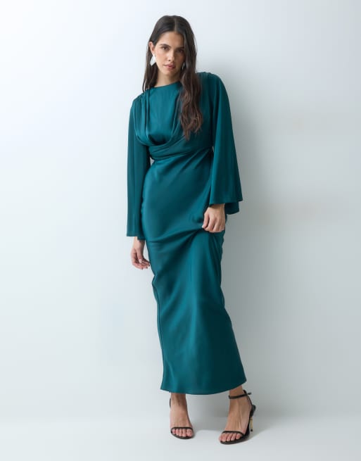ASOS DESIGN flute sleeve draped maxi dress in teal, 4 of 5